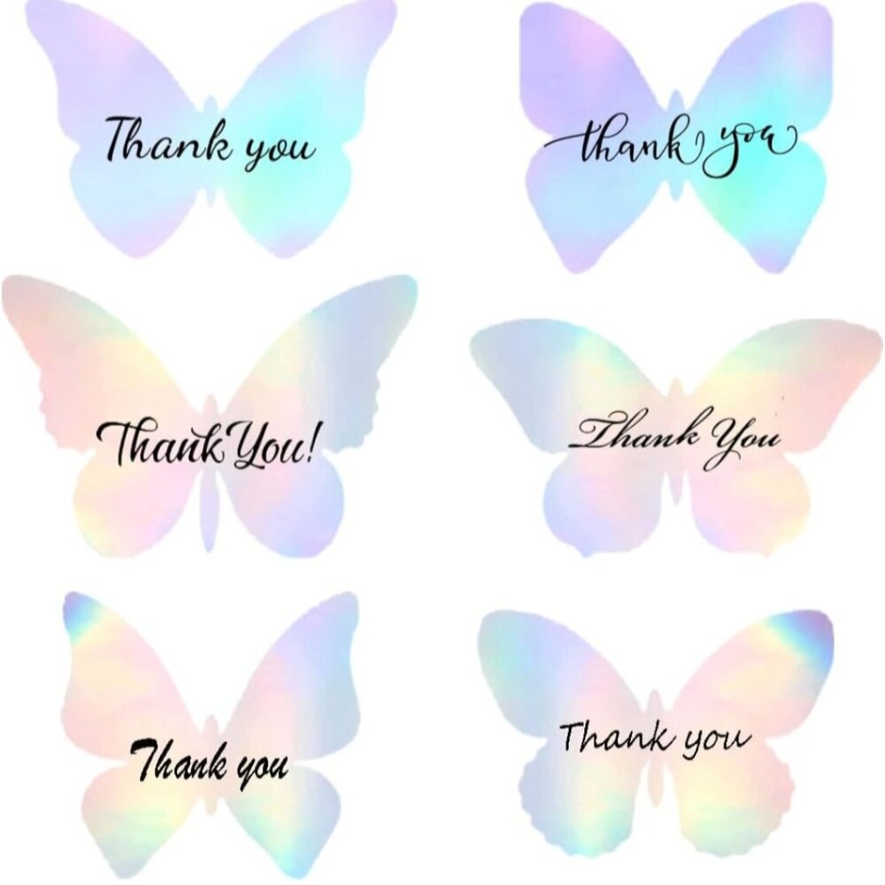 100 Holographic Butterfly Thank You Stickers 2"
